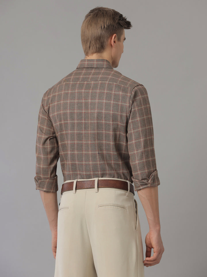 Aldeno Men Regular Fit Check Brown/Red/Beige Casual Linen Blend Shirt (CODON)