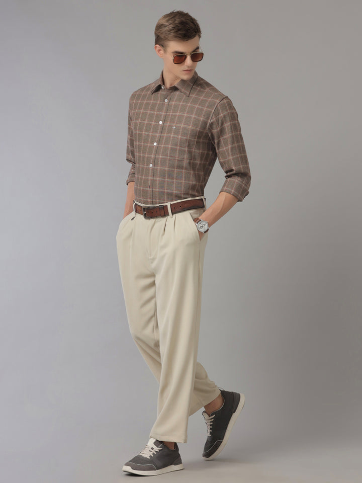 Aldeno Men Regular Fit Check Brown/Red/Beige Casual Linen Blend Shirt (CODON)