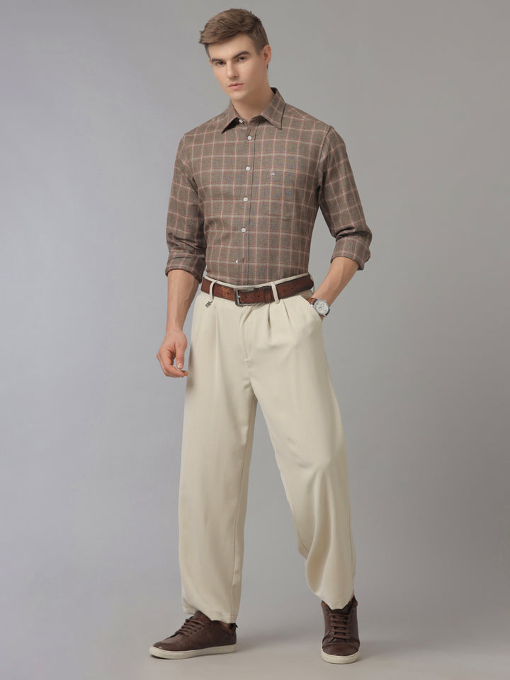 Aldeno Men Regular Fit Check Brown/Red/Beige Casual Linen Blend Shirt (CODON)
