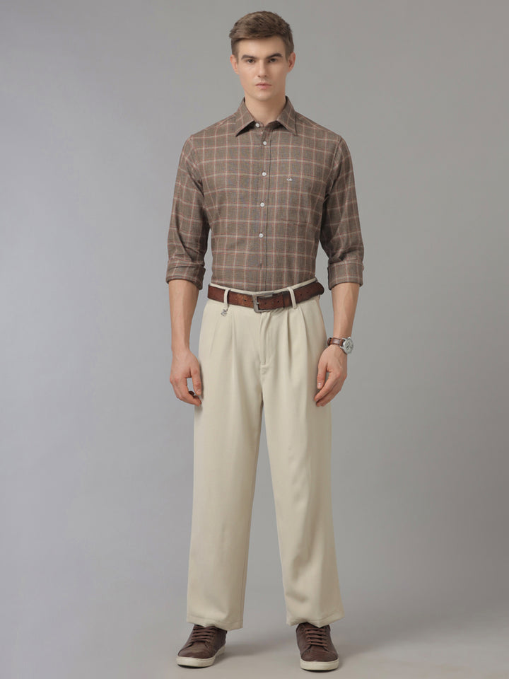 Aldeno Men Regular Fit Check Brown/Red/Beige Casual Linen Blend Shirt (CODON)