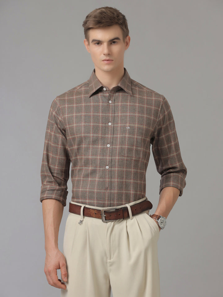 Aldeno Men Regular Fit Check Brown/Red/Beige Casual Linen Blend Shirt (CODON)