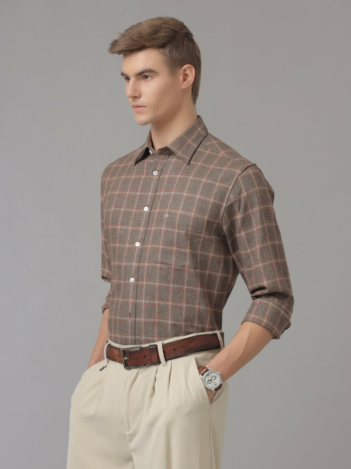 Aldeno Men Regular Fit Check Brown/Red/Beige Casual Linen Blend Shirt (CODON)