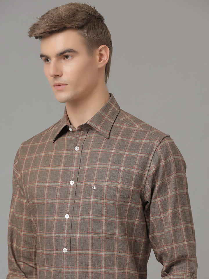 Aldeno Men Regular Fit Check Brown/Red/Beige Casual Linen Blend Shirt (CODON)