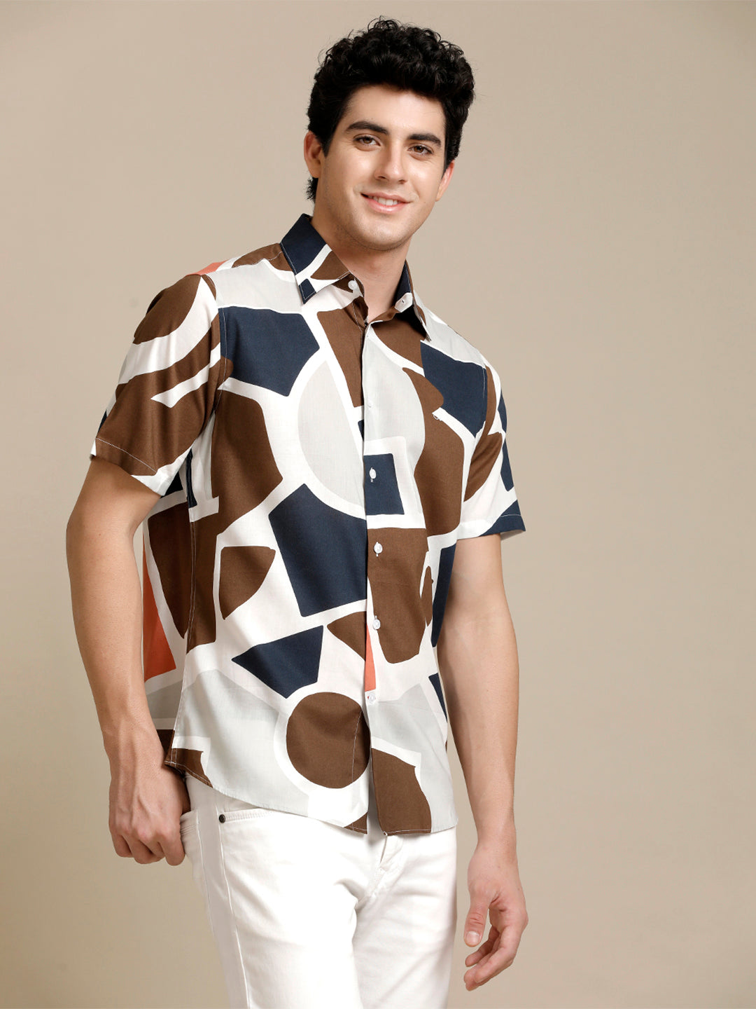 Aldeno Mens Regular Fit Abstract Brown/Navy/White Casual Cotton Shirt (PIBAS)