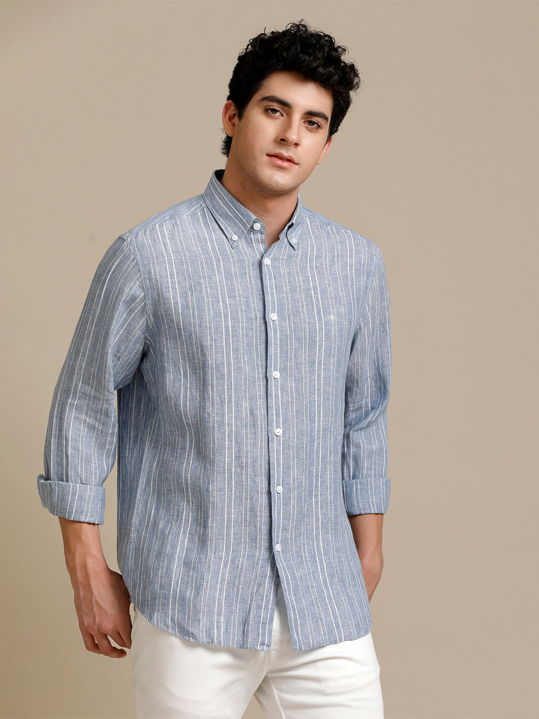 Aldeno Mens Regular Fit Blue/White Stripe Casual Linen Shirt (LABUL)