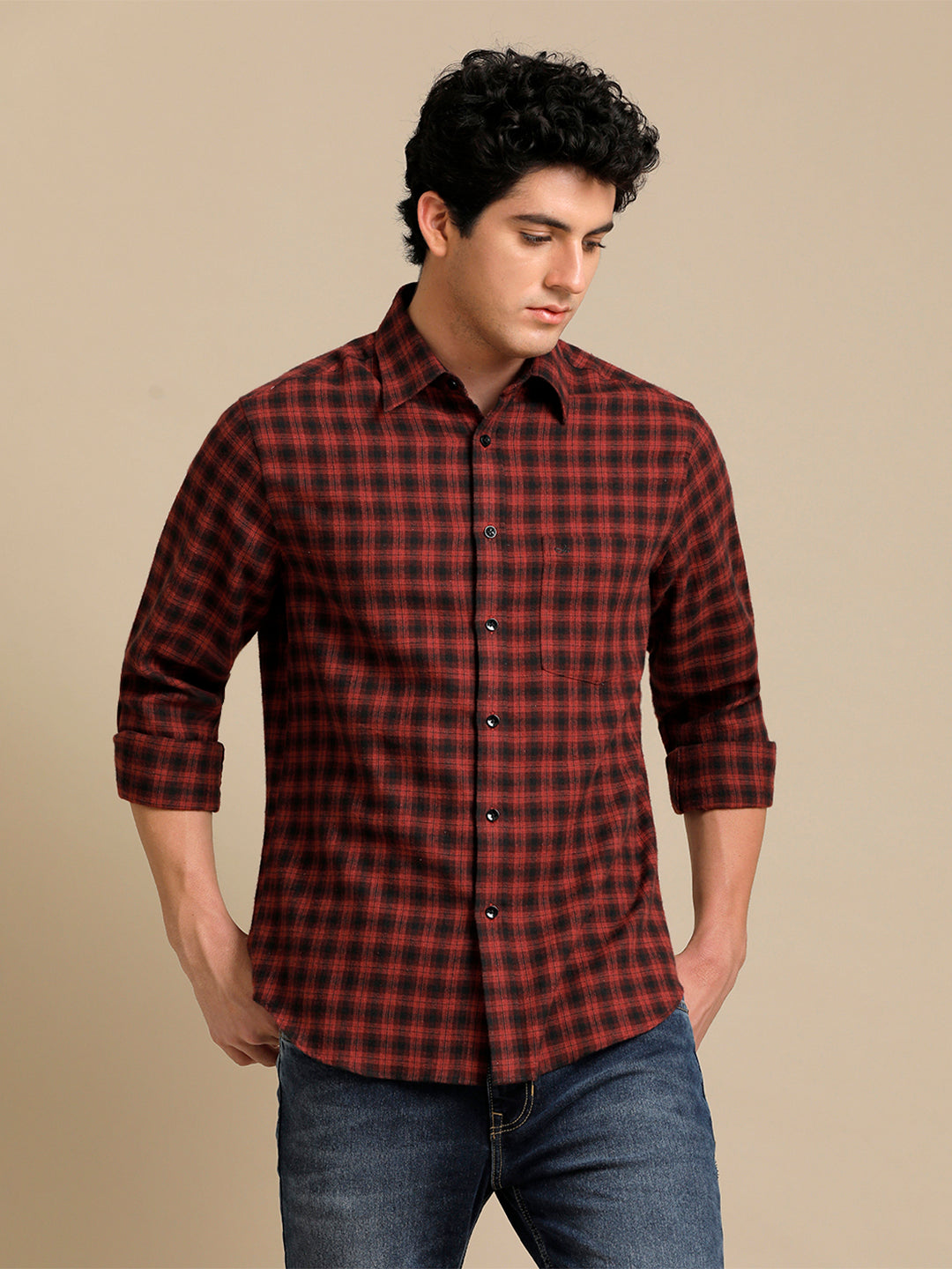 Aldeno Mens Regular Fit Check Red/Black Casual Cotton Shirt (CHERED)