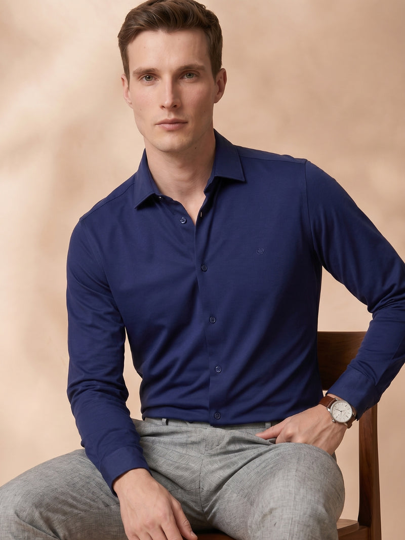 Navy Blue slim fit stretch formal shirt for men (TOMNV)