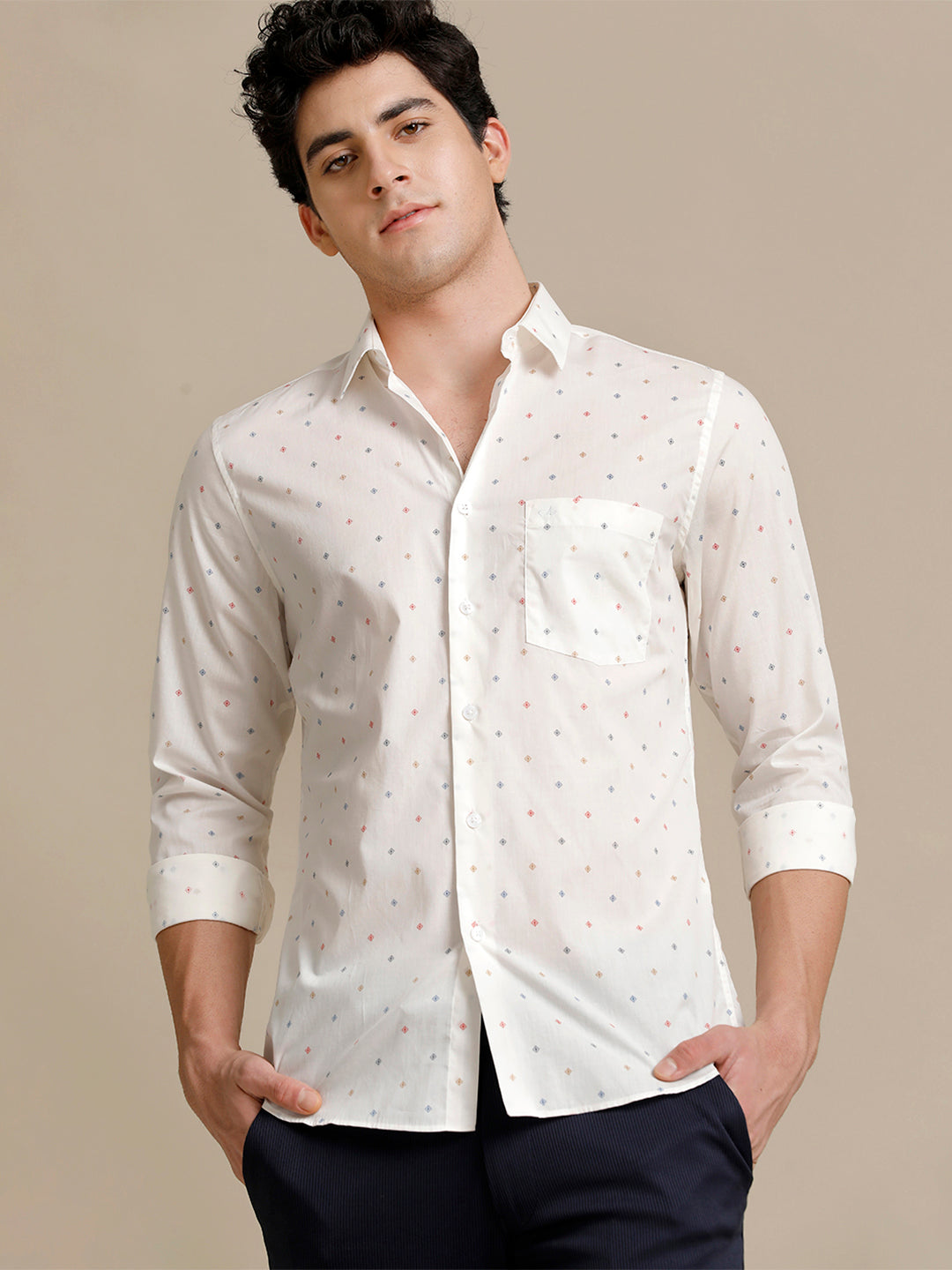 Aldeno Mens Slim Fit Geometric Red/Blue/Beige/White Formal Cotton Blend Shirt (PINTAY)