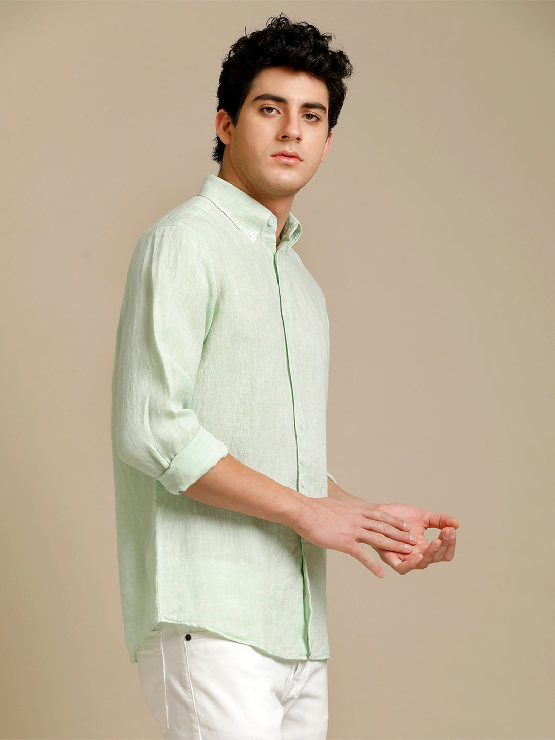 Aldeno Mens Regular Fit Tea Green Solid Casual Linen Shirt (LAGON)