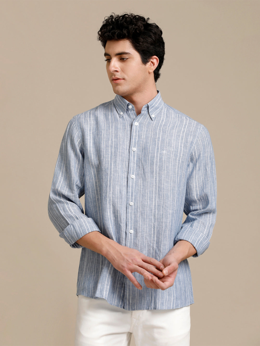 Aldeno Mens Regular Fit Blue/White Stripe Casual Linen Shirt (LABUL)