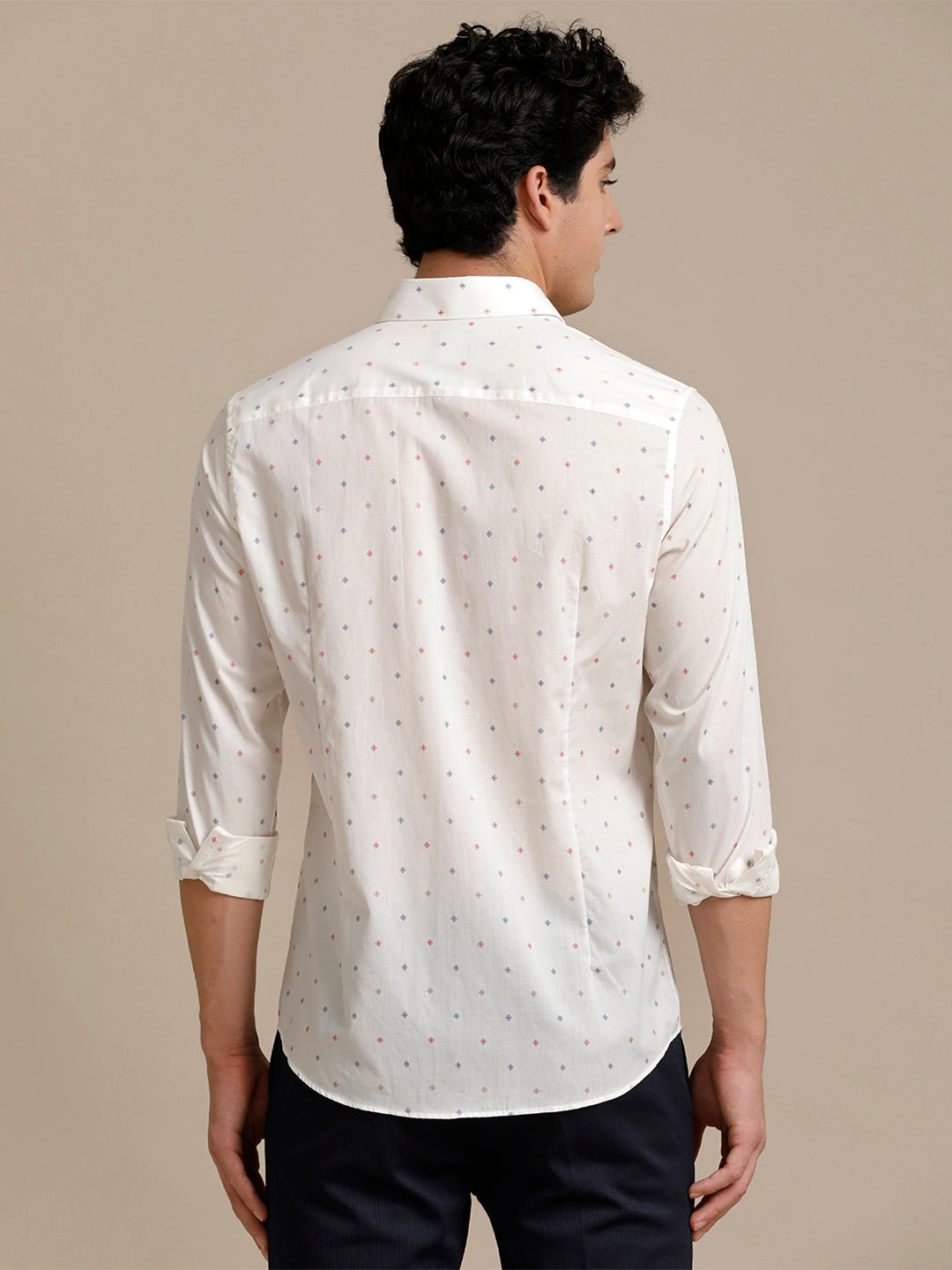 Aldeno Mens Slim Fit Geometric Red/Blue/Beige/White Formal Cotton Blend Shirt (PINTAY)