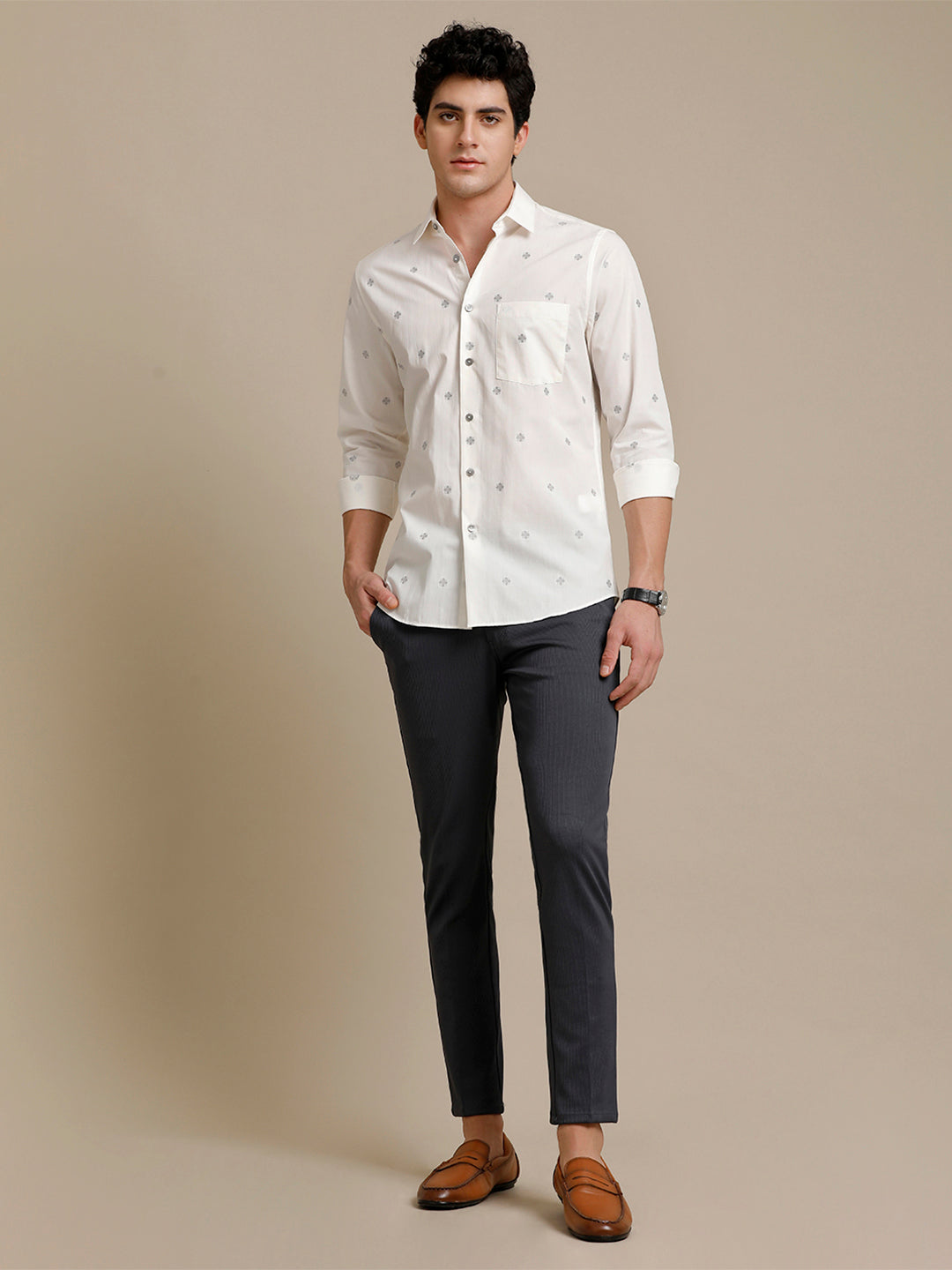 Aldeno Mens Slim Fit Plain Off White Formal Cotton Shirt (FORWAT)