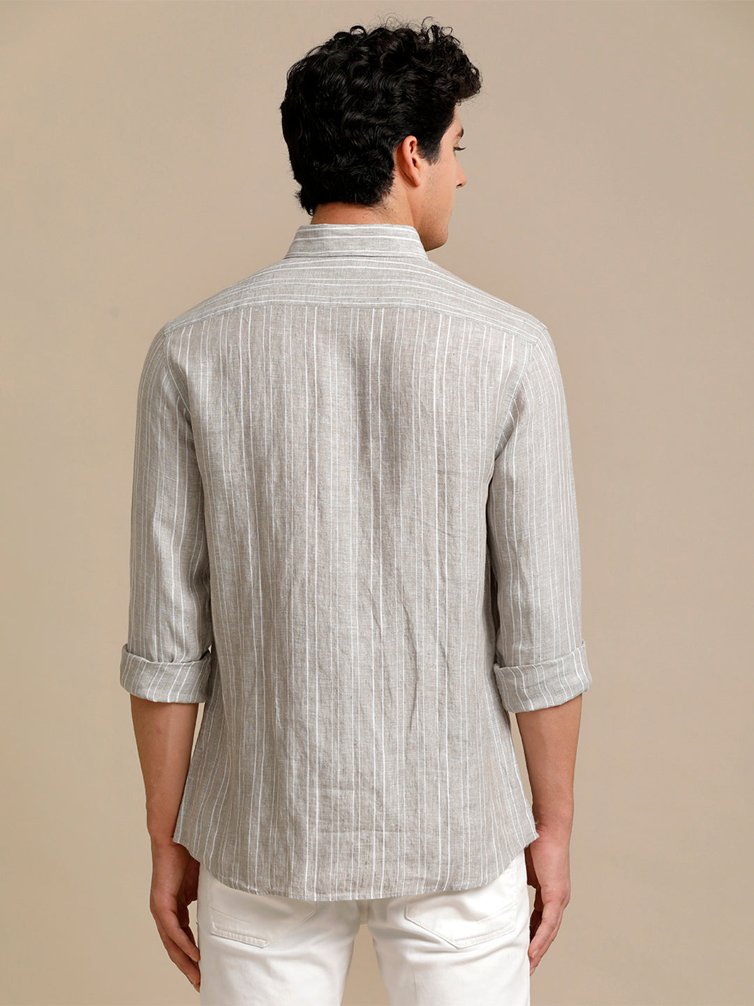 Aldeno Mens Regular Fit Grey Green/White Stripe Casual Linen Shirt (LABEG)