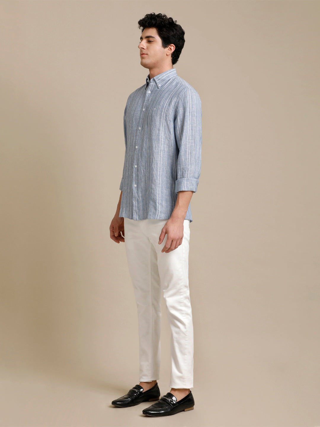 Aldeno Mens Regular Fit Blue/White Stripe Casual Linen Shirt (LABUL)