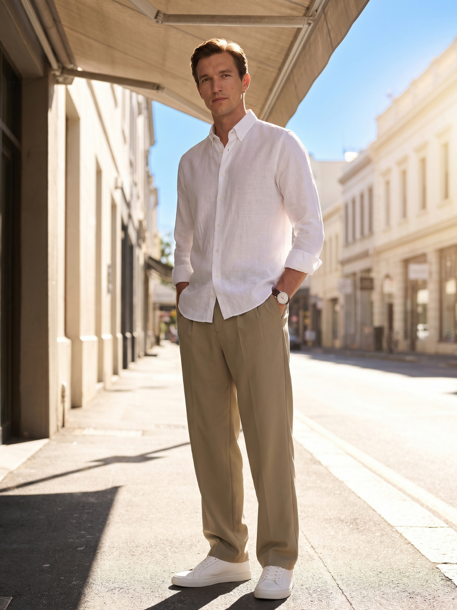 Aldeno Mens Regular Fit Solid White Casual Linen Shirt (LITE)