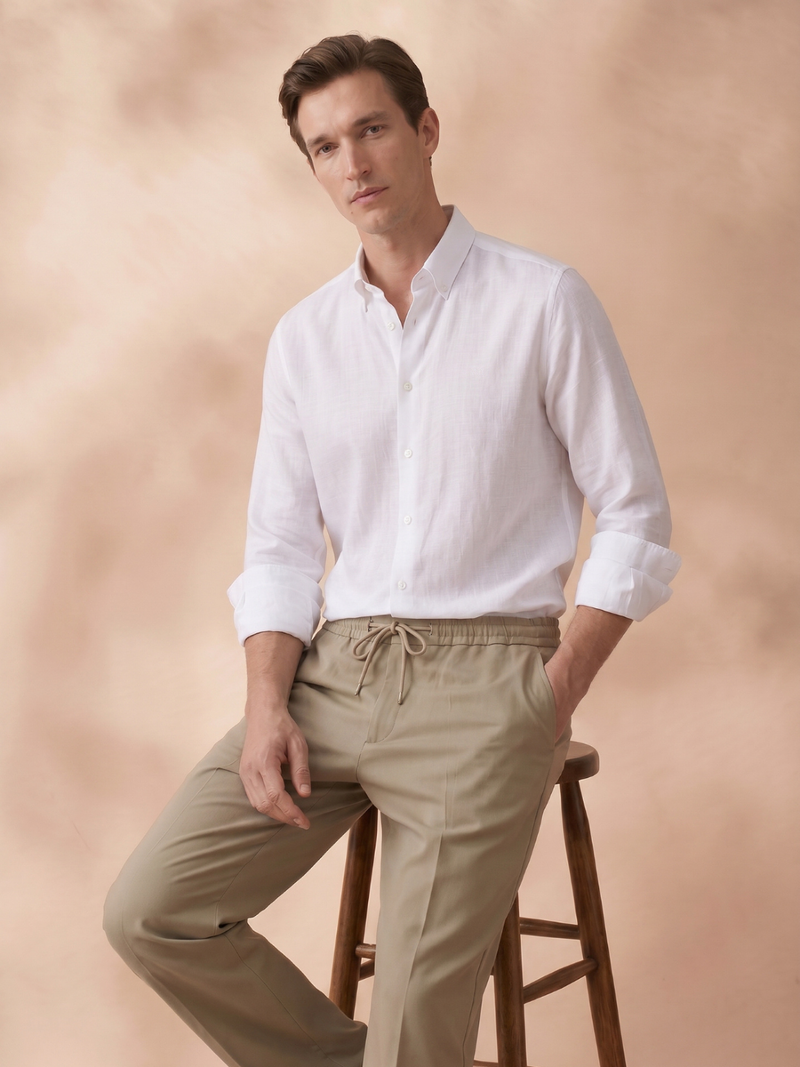 Aldeno Mens Regular Fit Solid White Casual Linen Shirt (LITE)