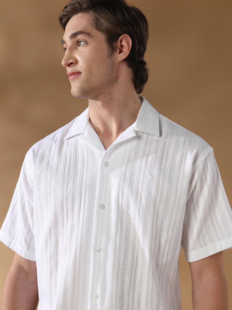 White regular fit cotton textured casual shirt for men (ADELO)