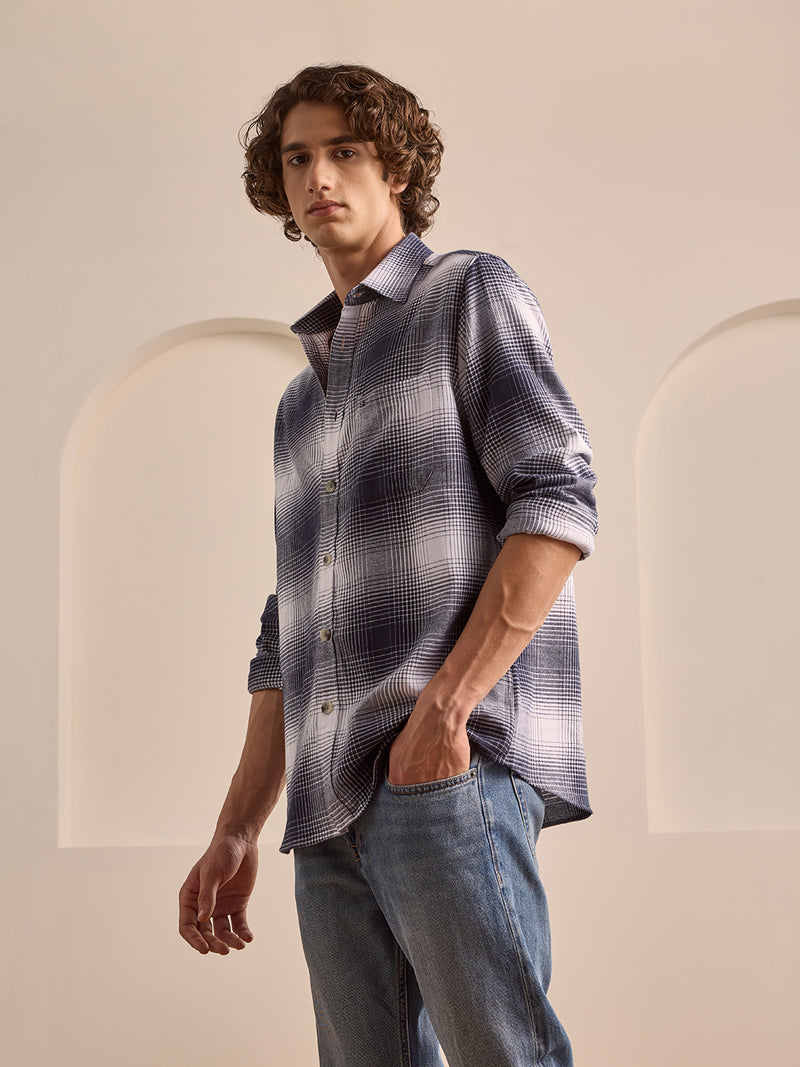 Black regular fit cotton checked casual shirt for men (LIORA)