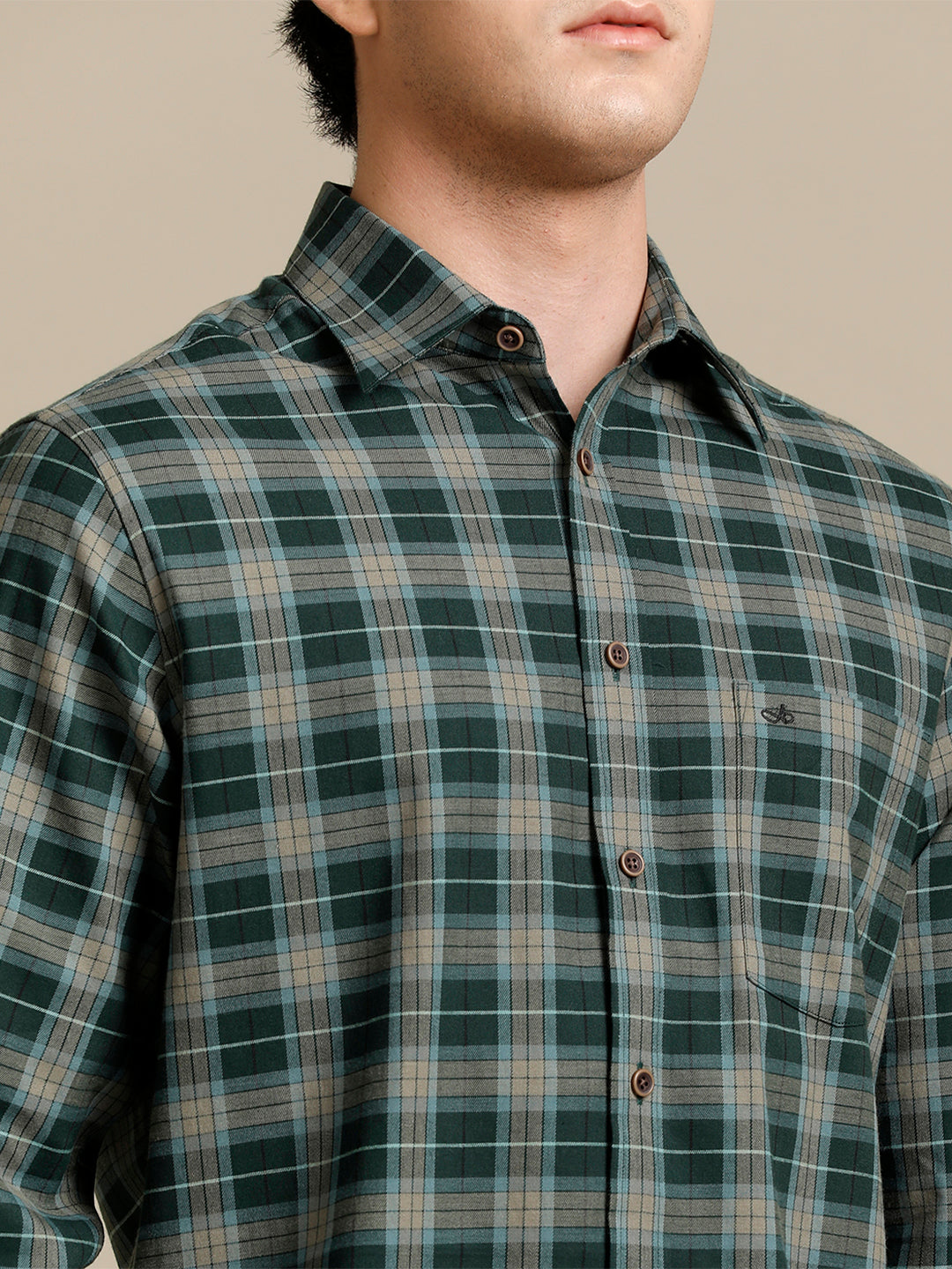 Aldeno Mens Regular Fit Check Green/Beige Casual Cotton Shirt (CHEGER)