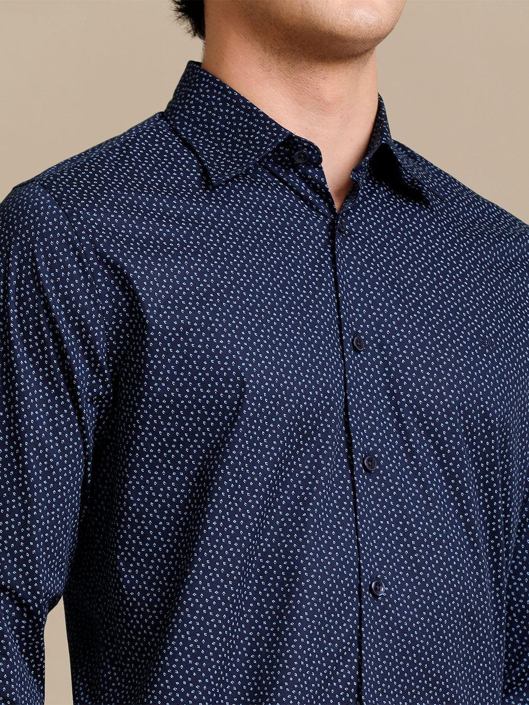 Aldeno Mens Regular Fit Small Motif Aop Navy/Blue Casual Cotton Shirt (POBUL)