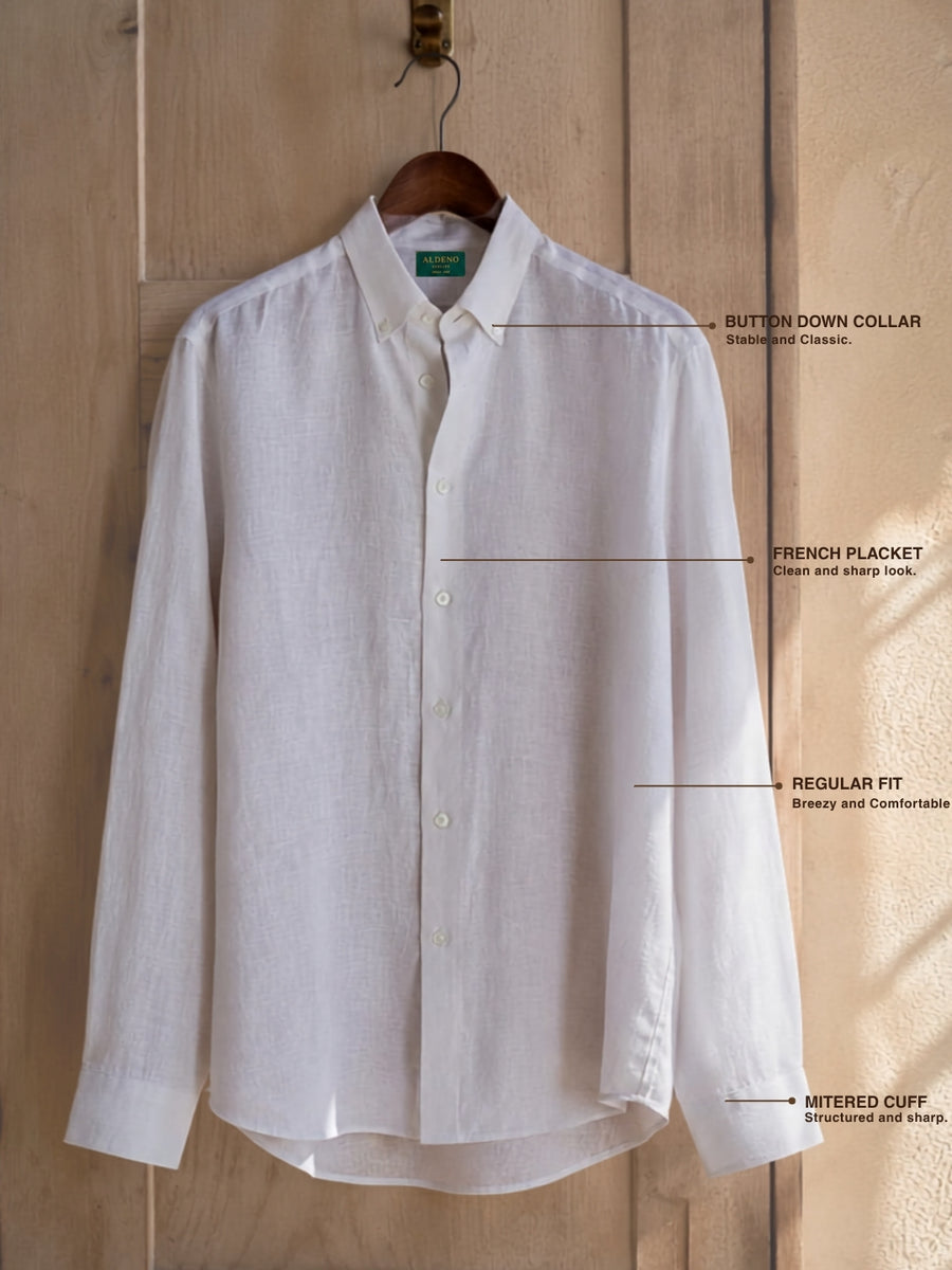 Aldeno Mens Regular Fit Solid White Casual Linen Shirt (LITE)