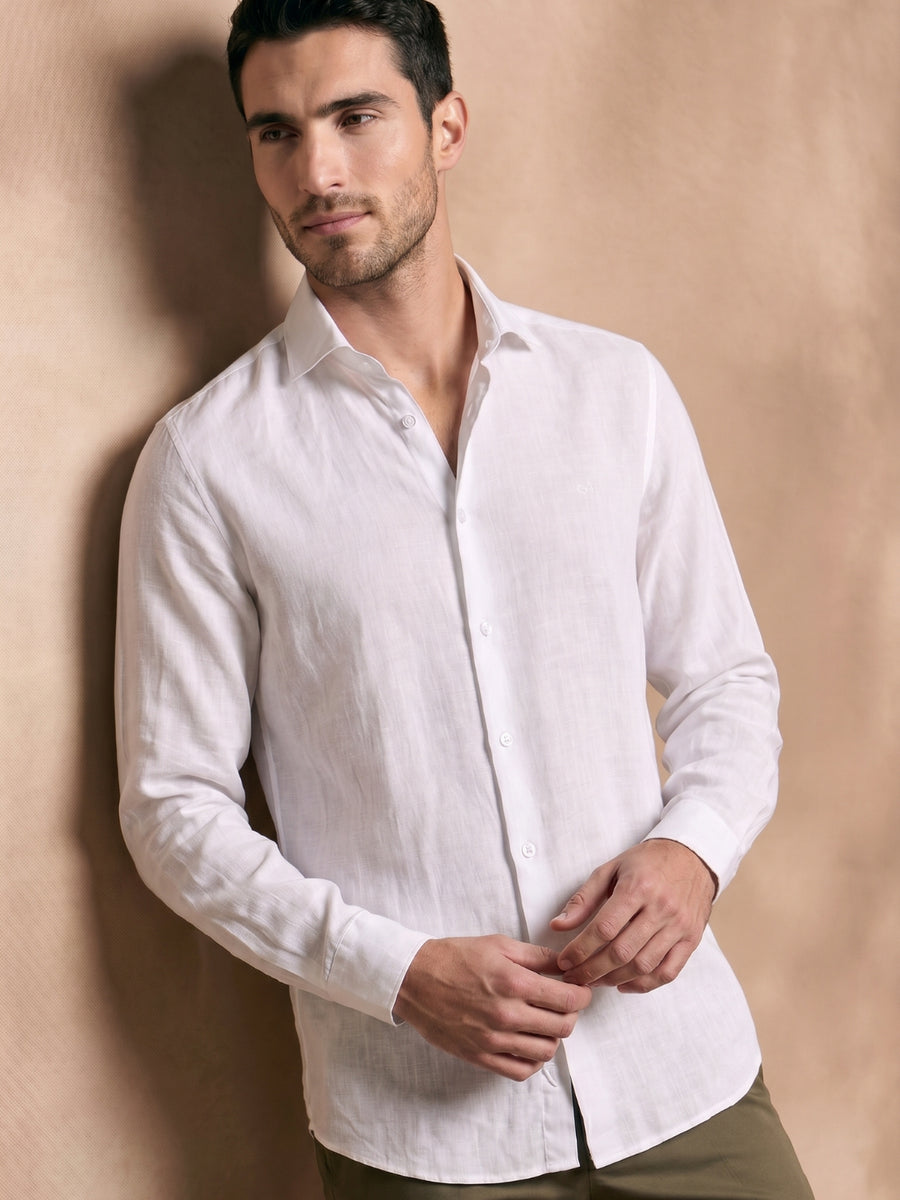 Slim Fit White Linen Solid Casual Shirt for Men (JARON)