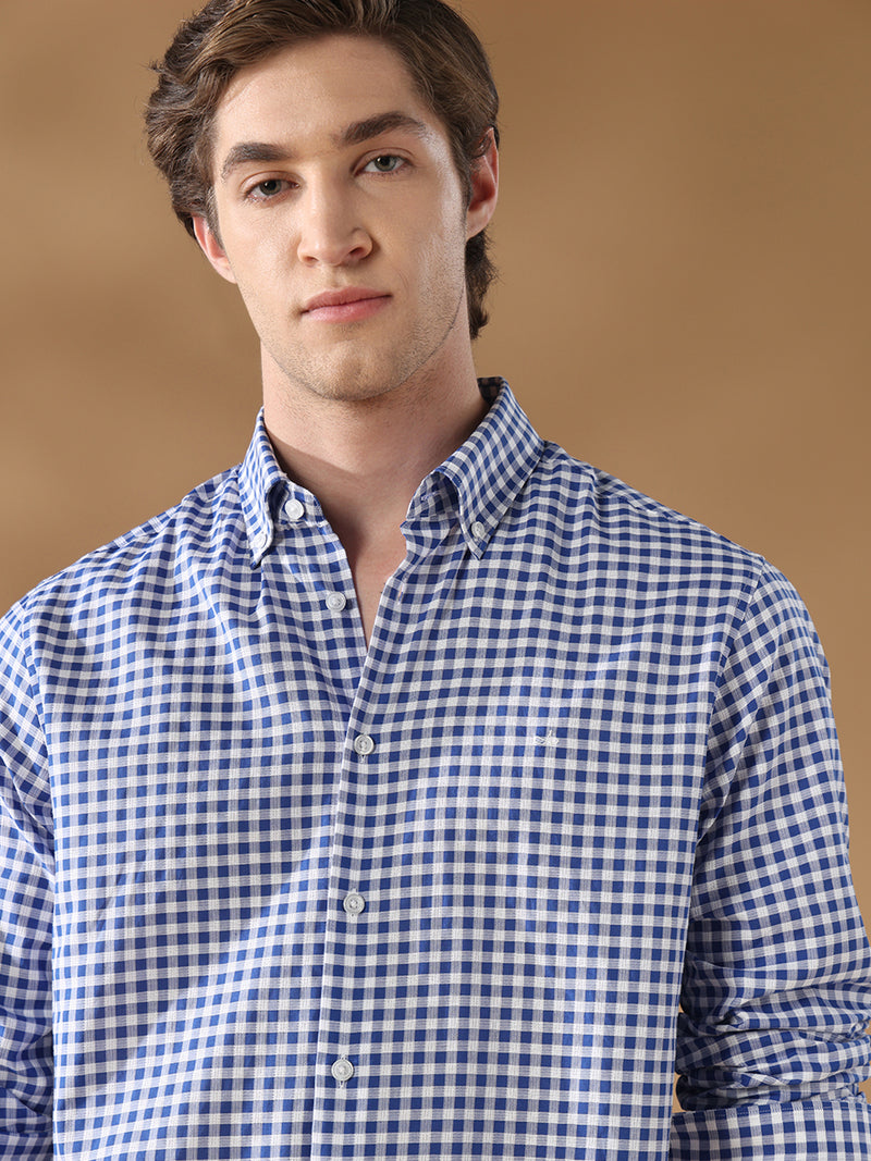 Blue regular fit cotton checked casual shirt for men (CAXEN)
