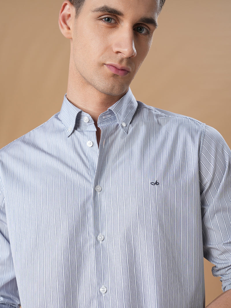 Grey regular fit cotton striped formal shirt for men (CANTI)
