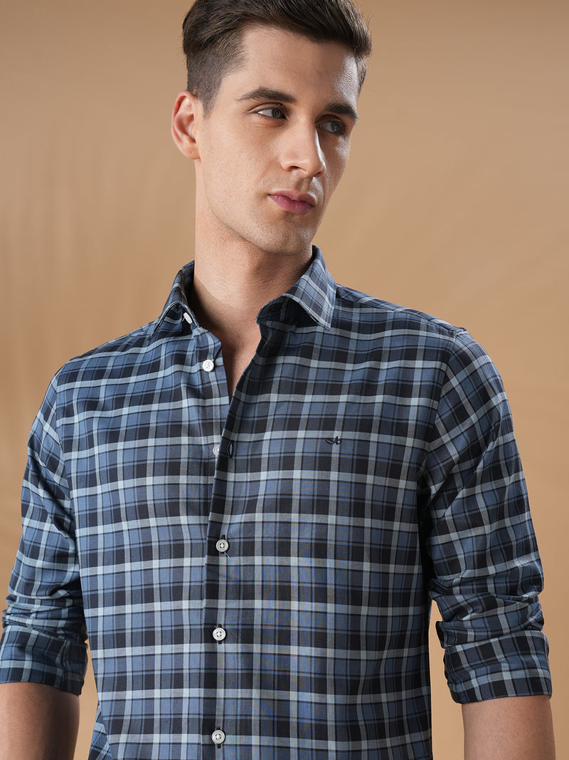 Blue slim fit cotton checked casual shirt for men (FAZIO)