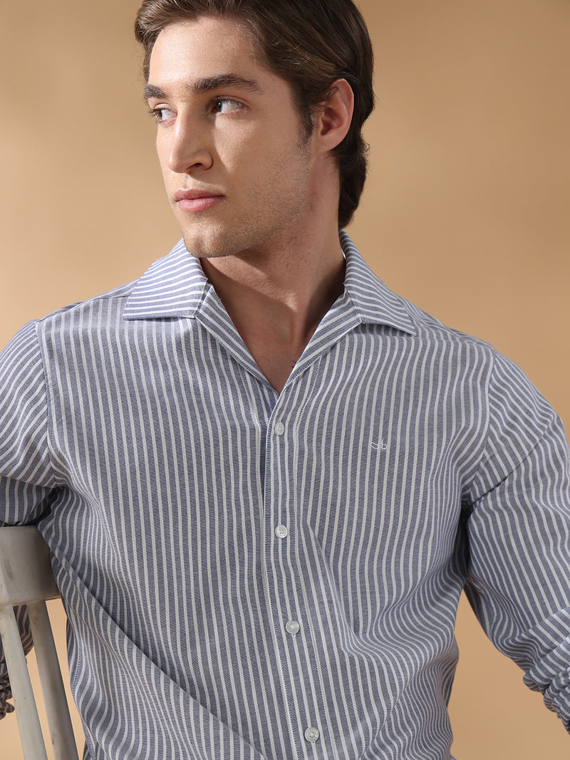 Blue regular fit cotton striped casual shirt for men (DORVO)