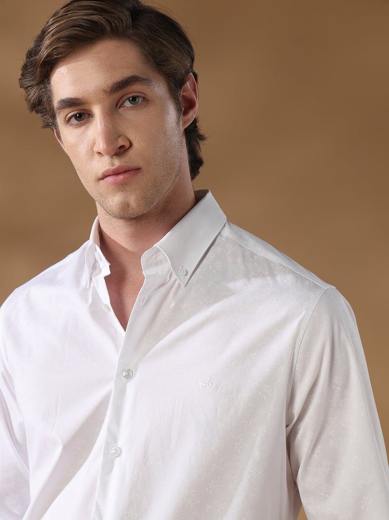 White regular fit stretch printed casual shirt for men (CURVO)