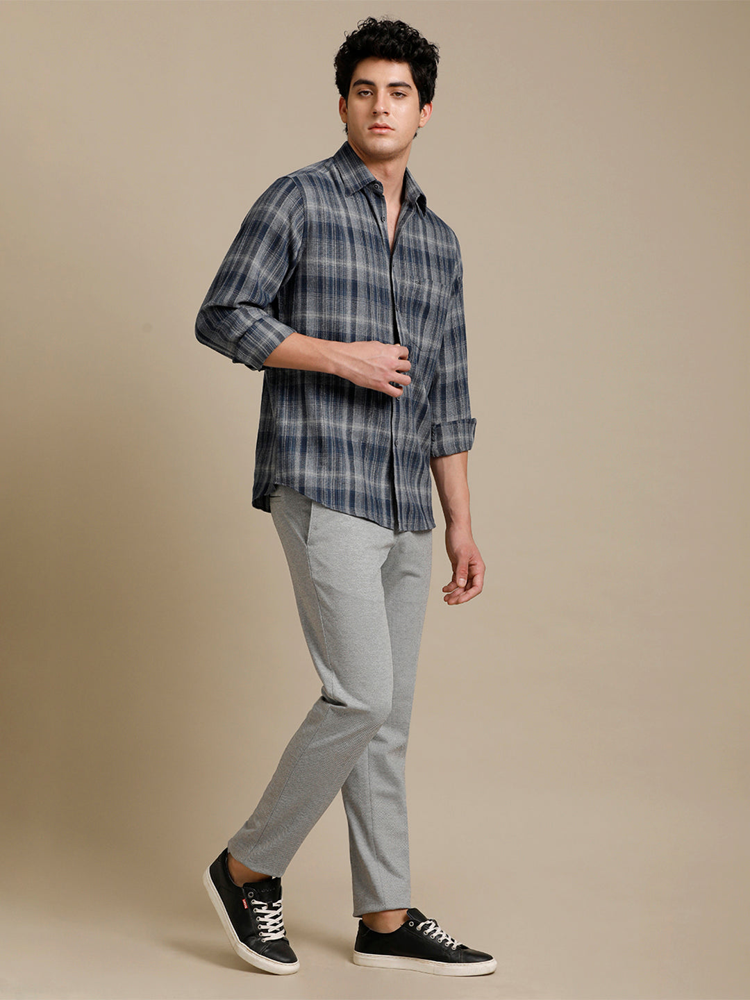 Aldeno Mens Regular Fit Check Blue/Off White Casual Cotton Shirts (CHEBUL)
