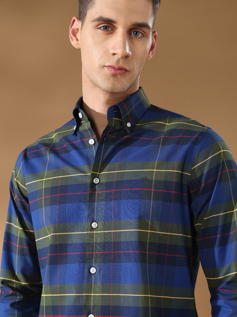 Blue regular fit cotton checked casual shirt for men (CINTA)