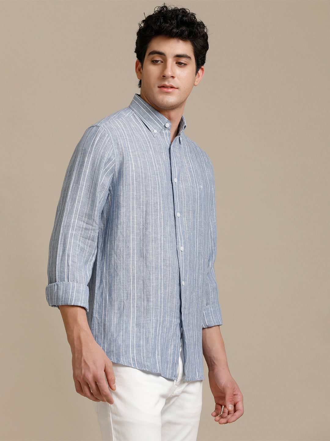 Aldeno Mens Regular Fit Blue/White Stripe Casual Linen Shirt (LABUL)