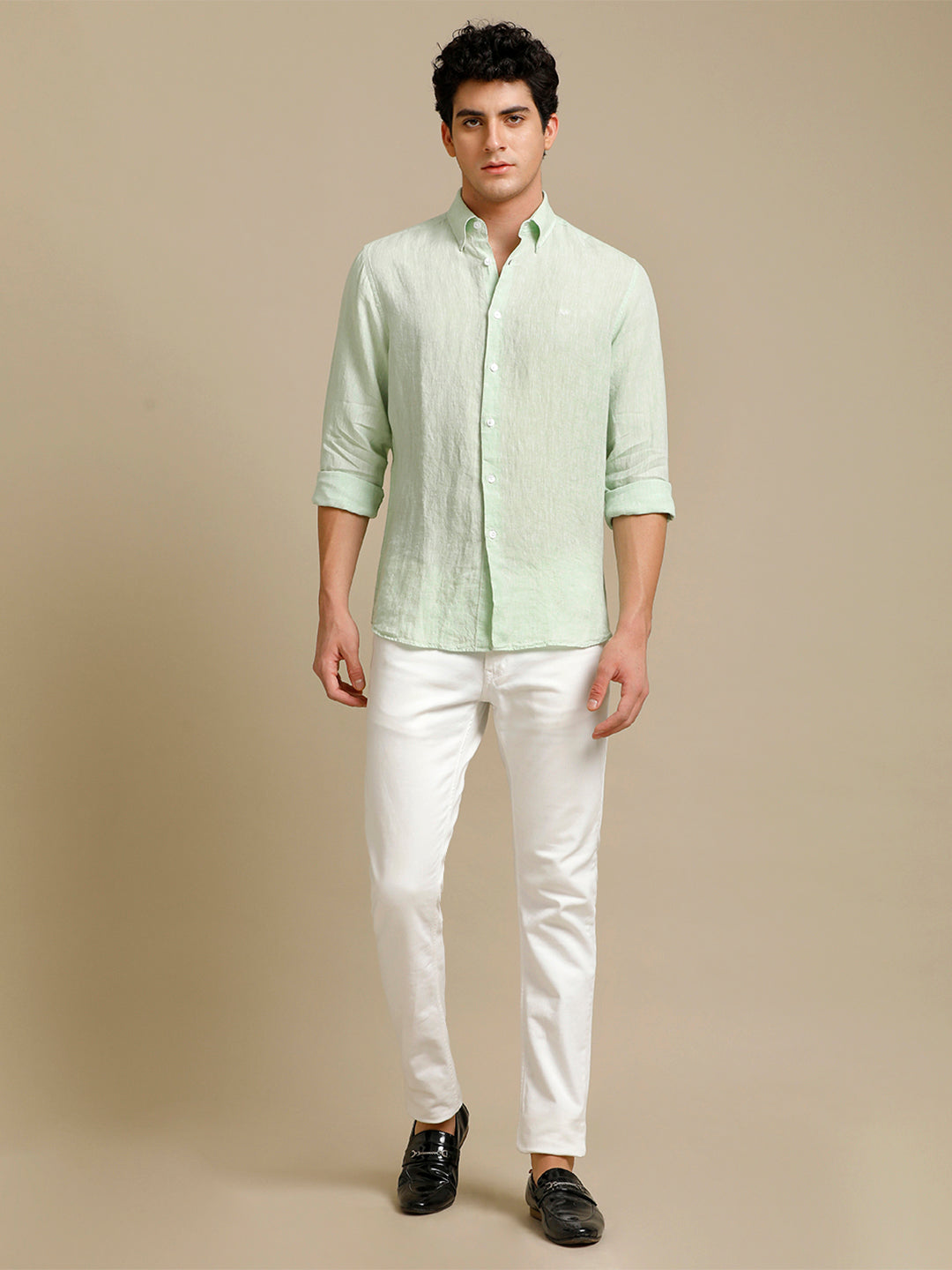 Aldeno Mens Regular Fit Tea Green Solid Casual Linen Shirt (LAGON)