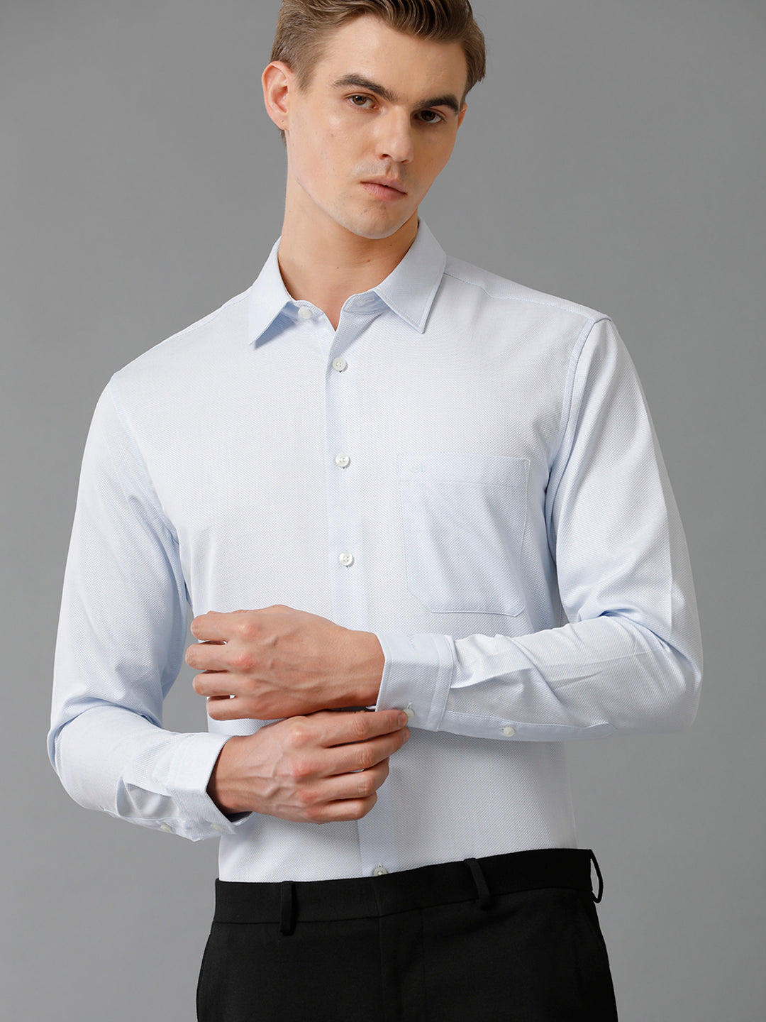 Aldeno Men's Regular Fit PLAIN Textured Blue Formal Cotton Shirt (BELON)