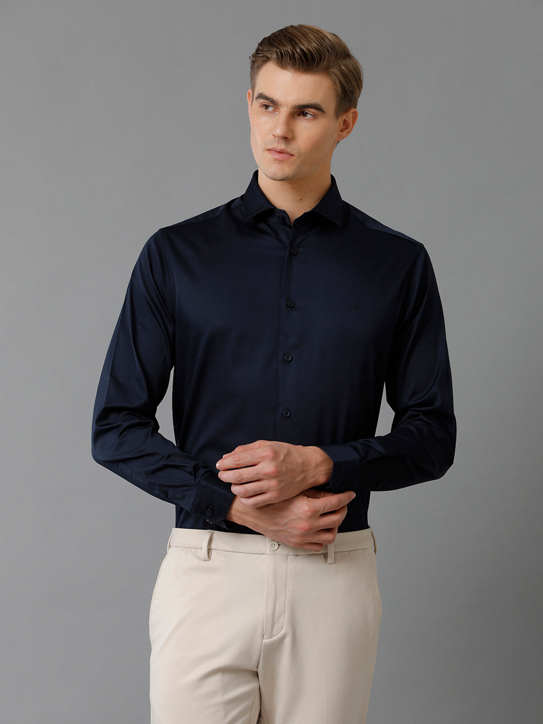 Aldeno Mens Regular Fit Solid Navy Formal Satin Shirt (SIANY)