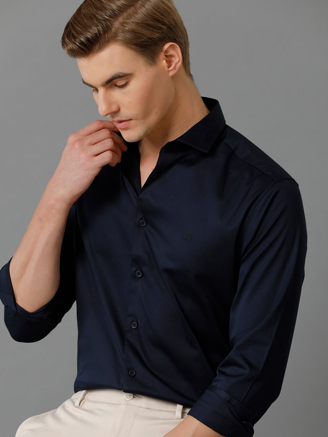 Aldeno Mens Regular Fit Solid Navy Formal Satin Shirt (SIANY)