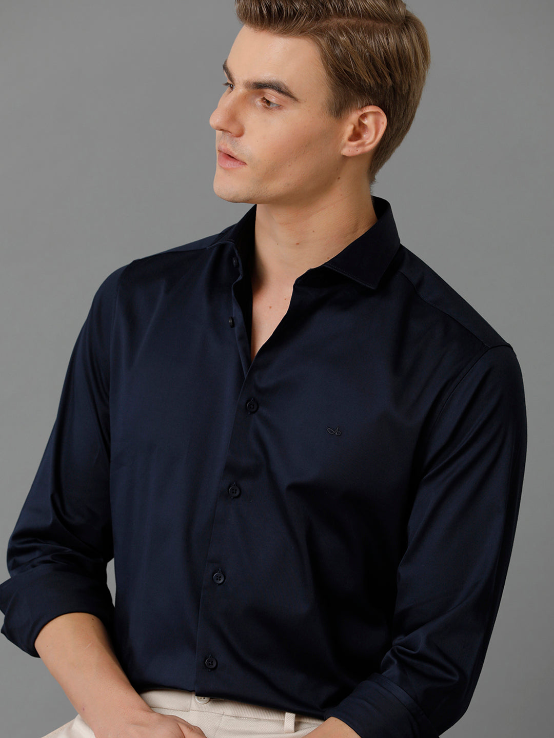 Aldeno Mens Regular Fit Solid Navy Formal Satin Shirt (SIANY)