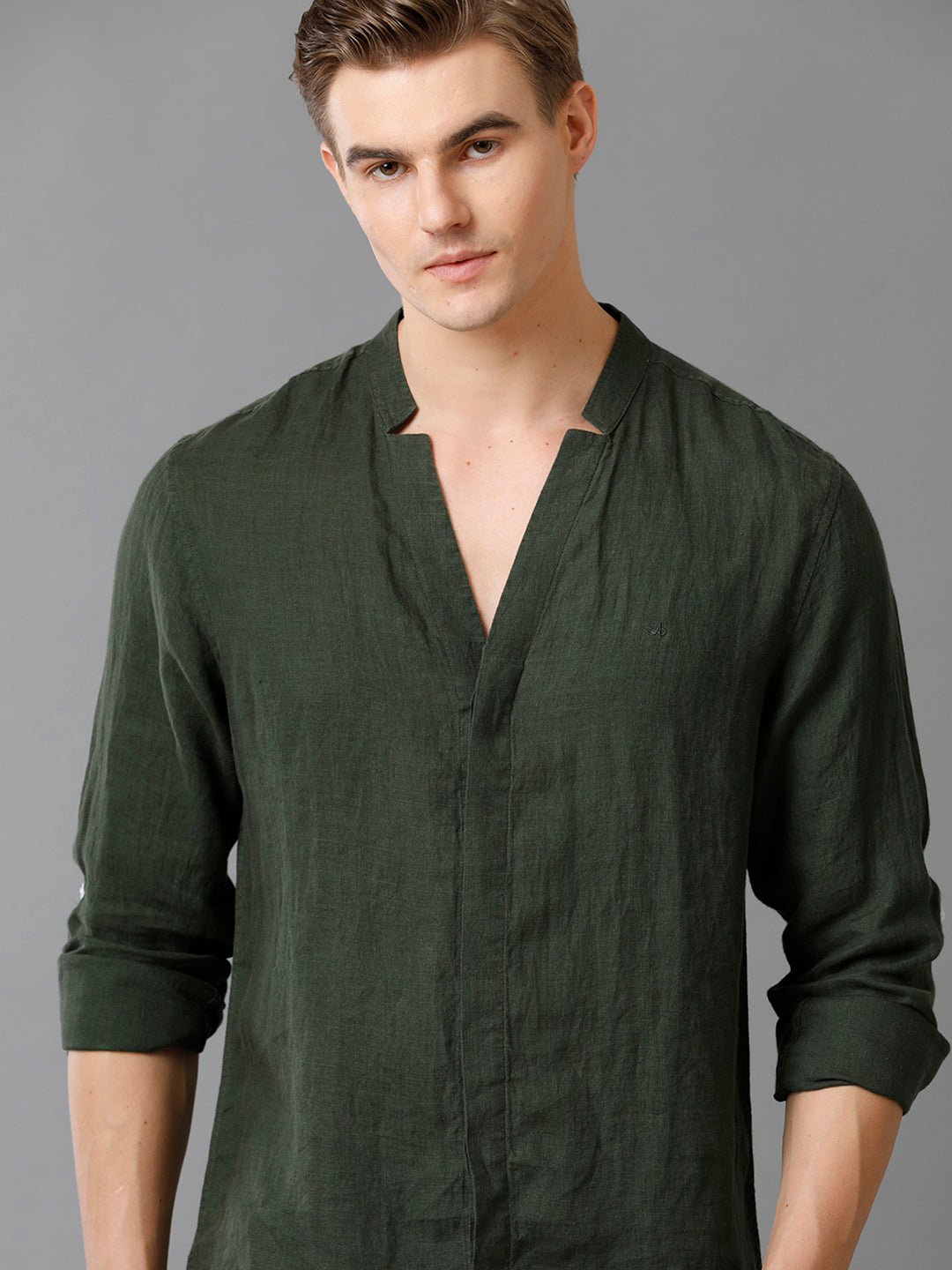 Aldeno Mens Regular Fit Solid Green Casual Linen Shirt (LAZLO)