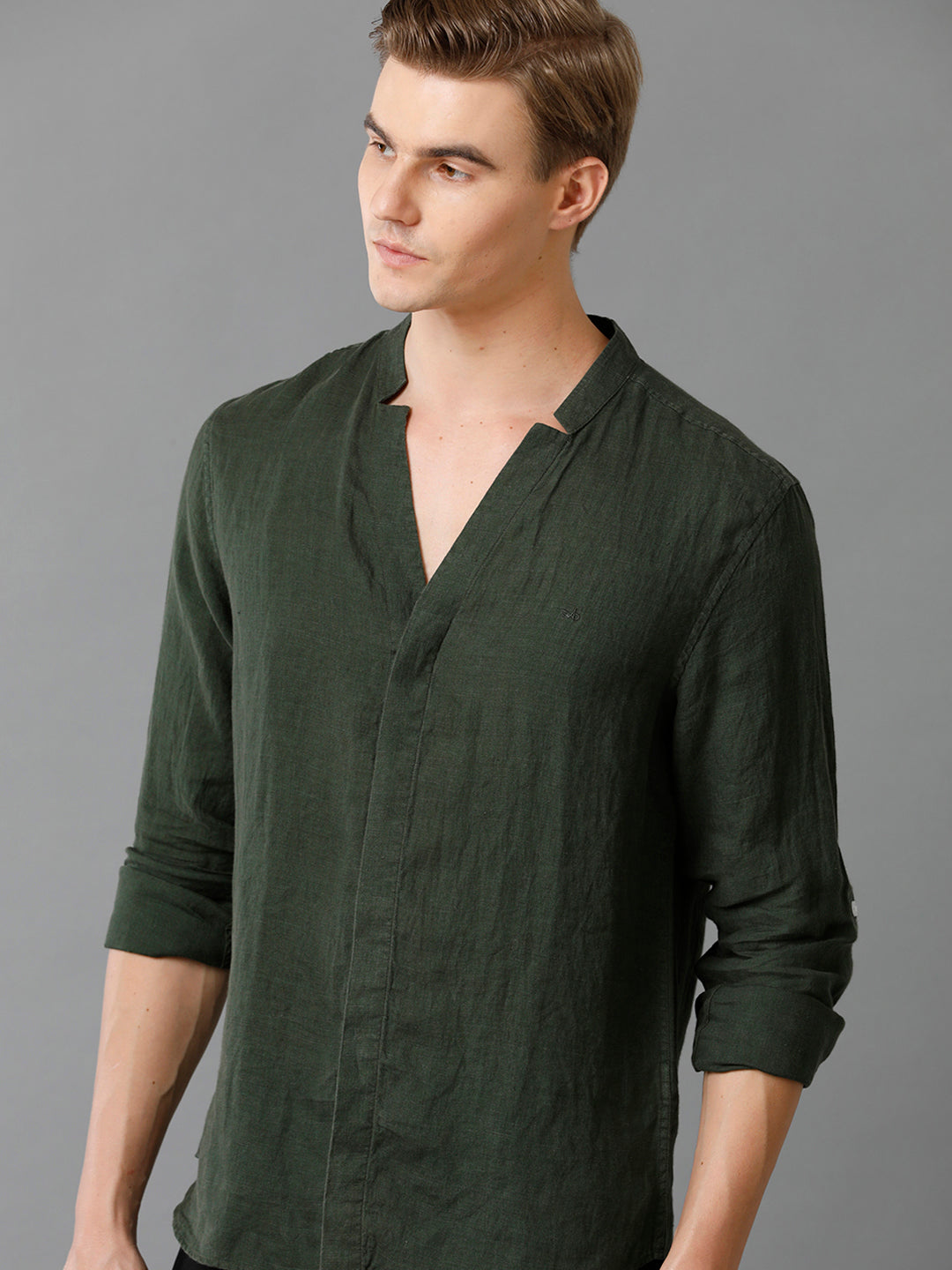 Aldeno Mens Regular Fit Solid Green Casual Linen Shirt (LAZLO)