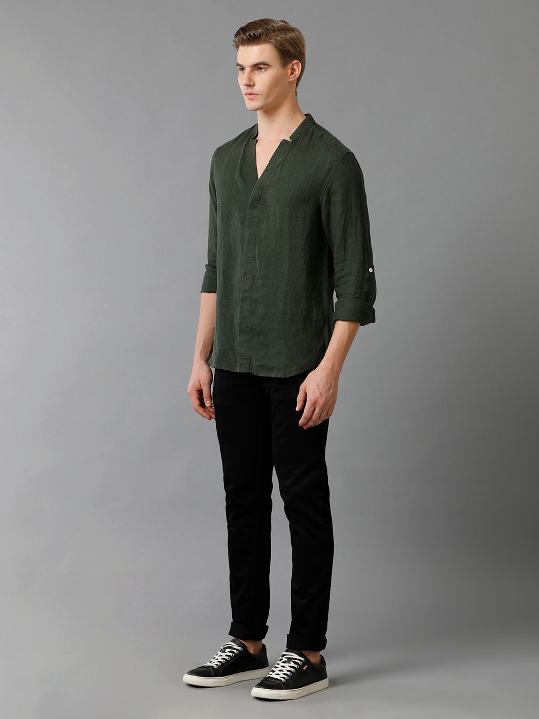 Aldeno Mens Regular Fit Solid Green Casual Linen Shirt (LAZLO)