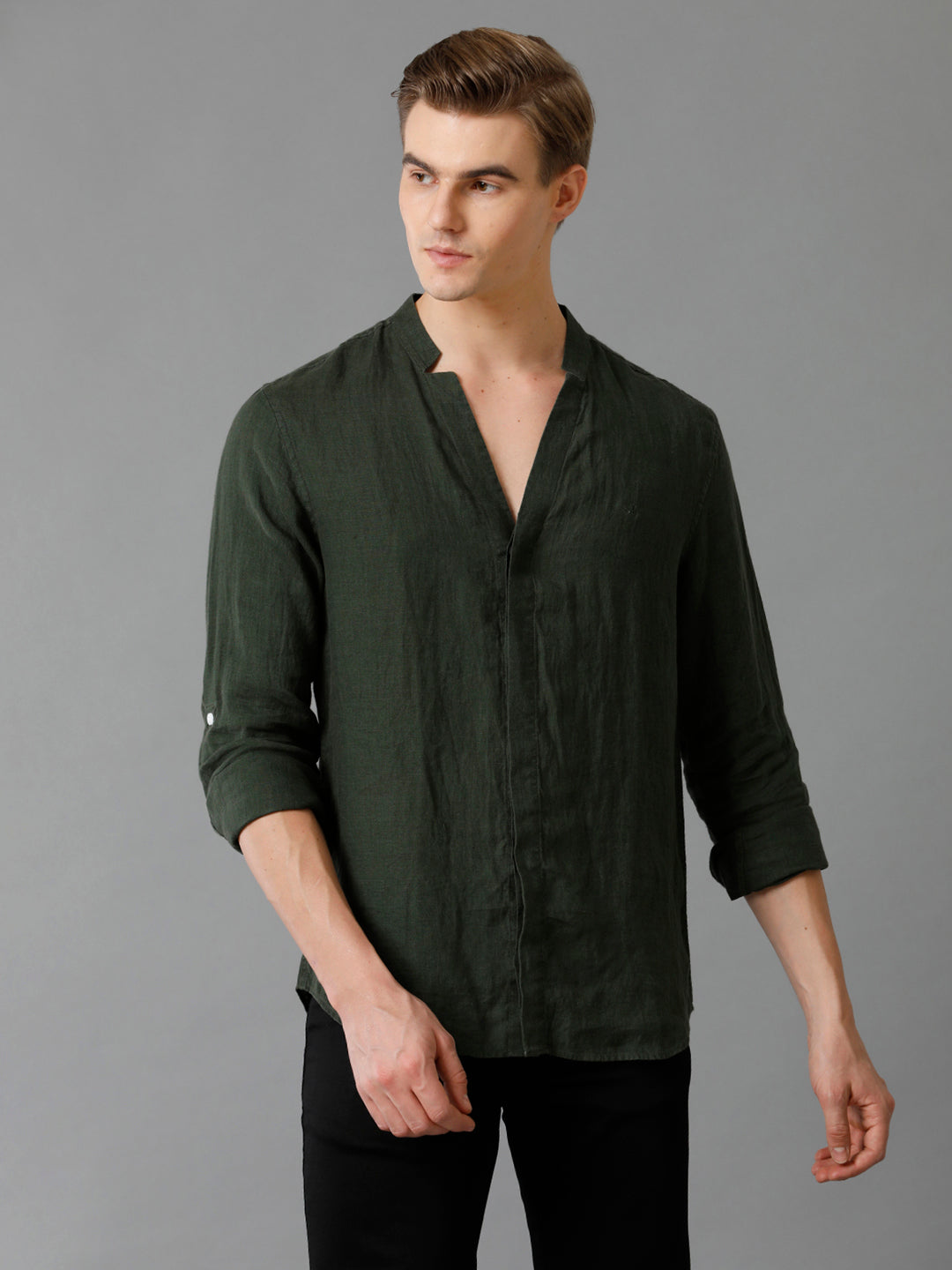 Aldeno Mens Regular Fit Solid Green Casual Linen Shirt (LAZLO)