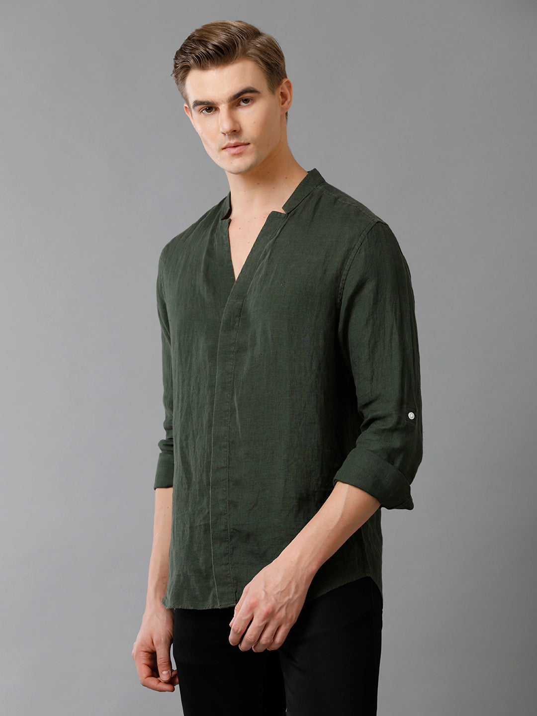 Aldeno Mens Regular Fit Solid Green Casual Linen Shirt (LAZLO)