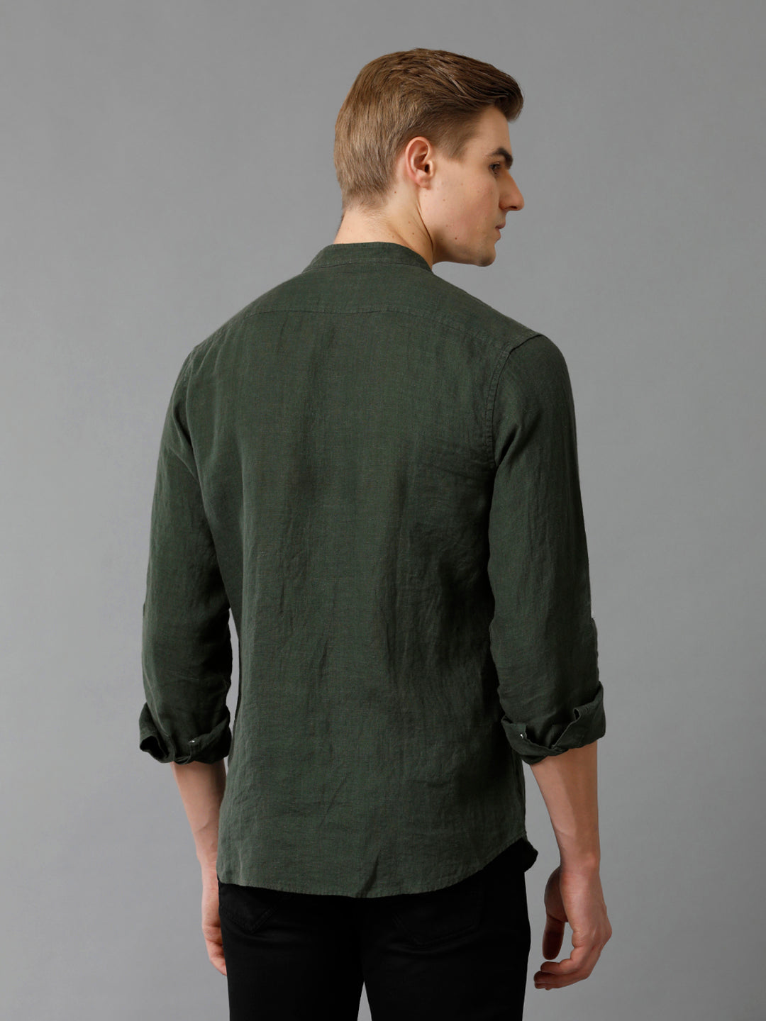 Aldeno Mens Regular Fit Solid Green Casual Linen Shirt (LAZLO)