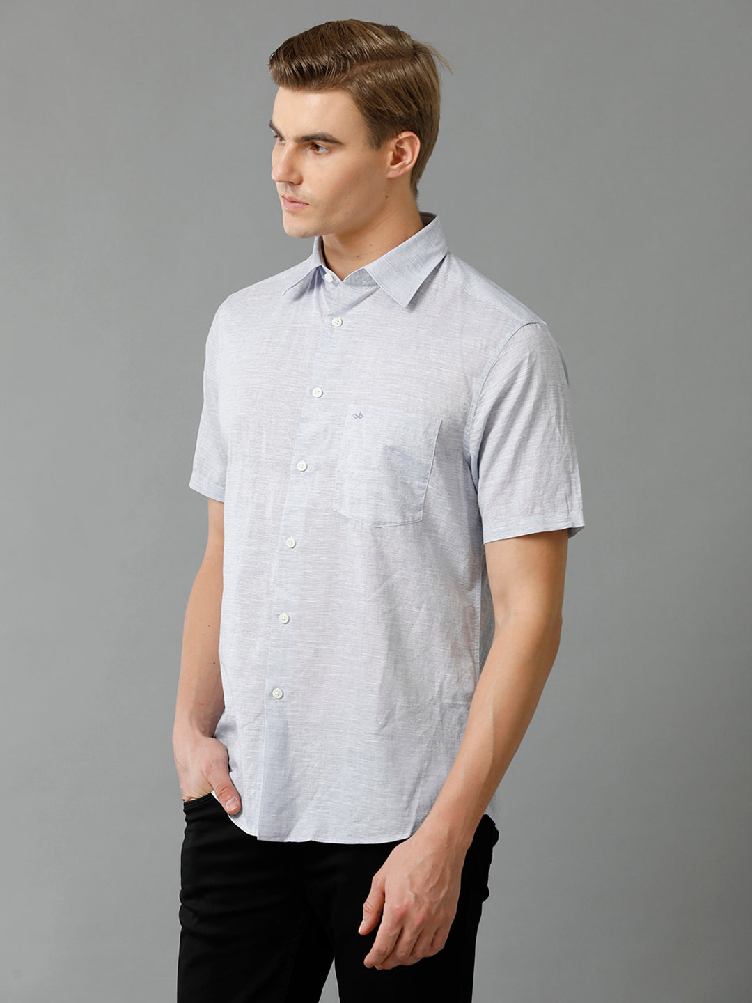 Men's Regular Fit Plain Light Blue Casual Linen Blend Shirt (LUBUL)