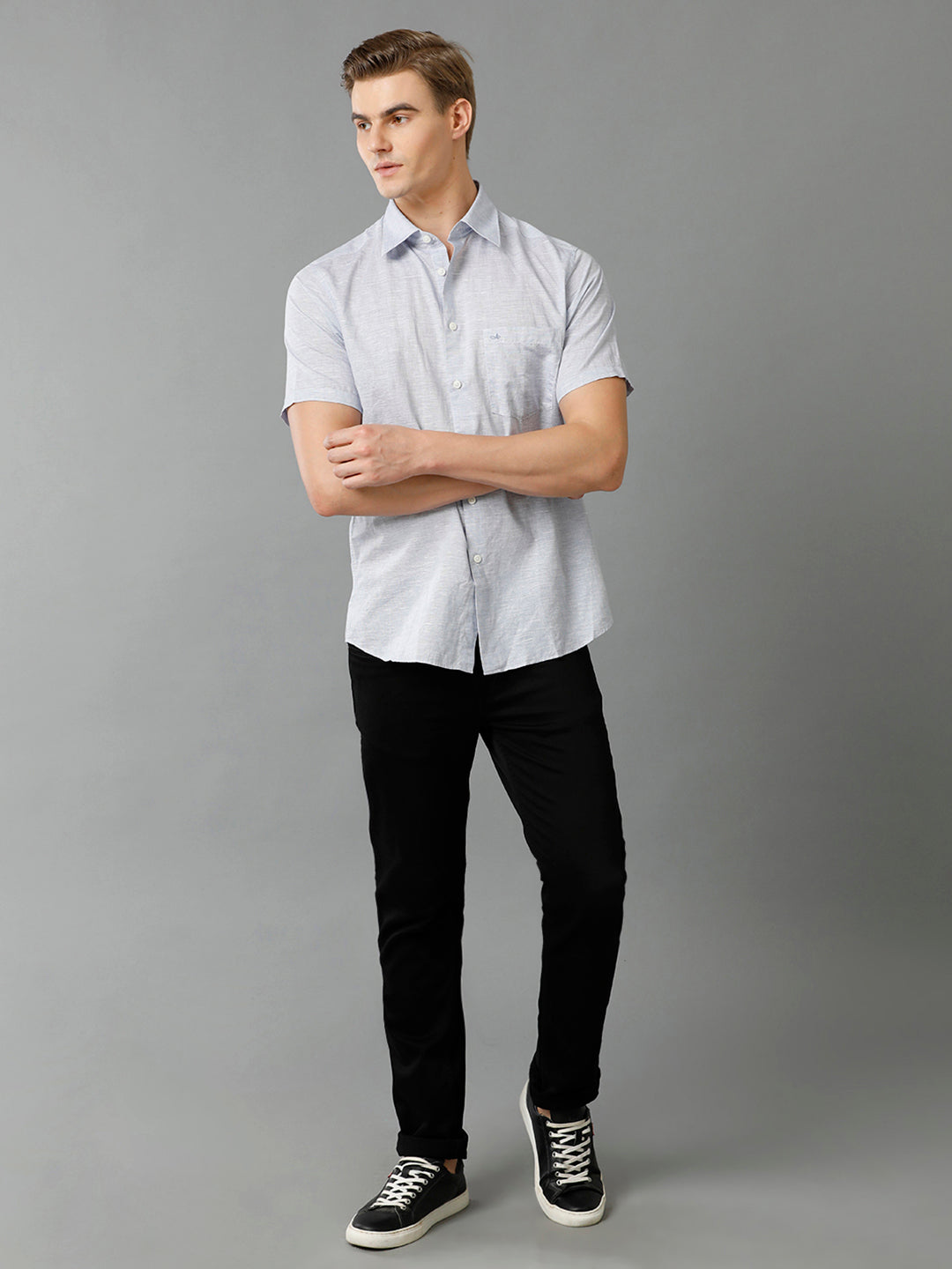 Men's Regular Fit Plain Light Blue Casual Linen Blend Shirt (LUBUL)