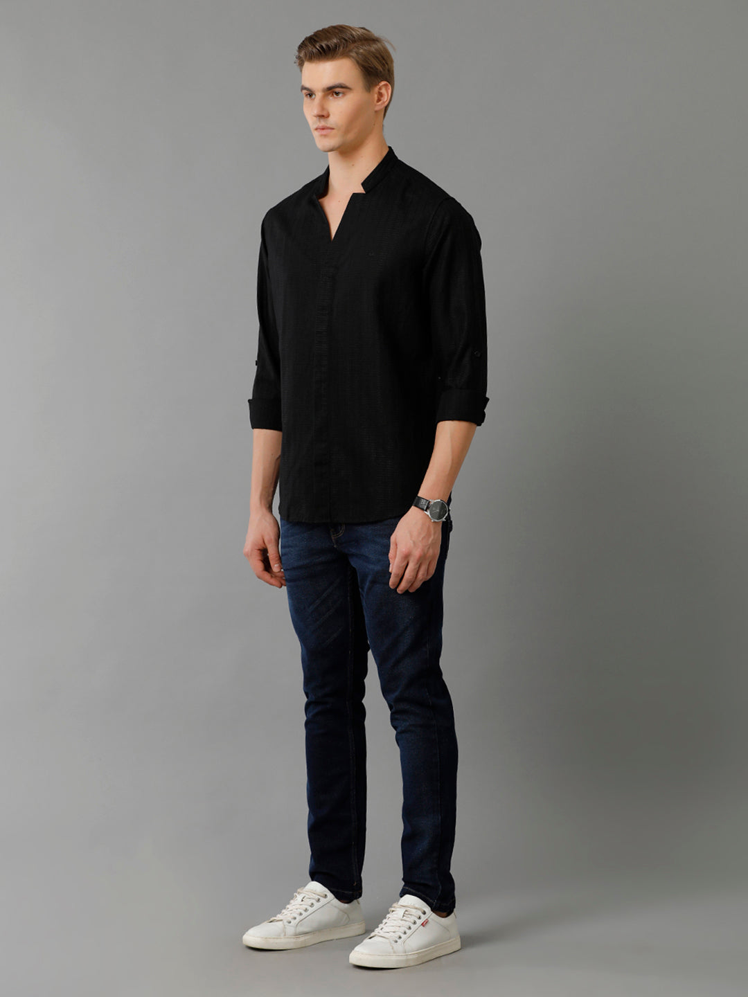 Aldeno Mens Regular Fit Solid Black Casual Linen Blend Shirt (LATEN)