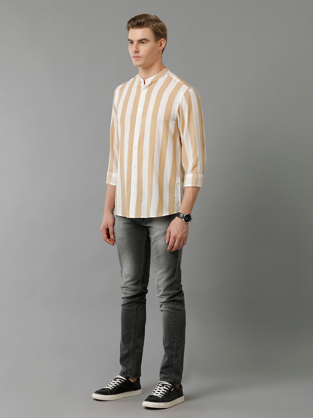 Aldeno Mens Regular Fit Vertical Stripe Brown/White Casual Cotton Modal Shirt (MATEO)
