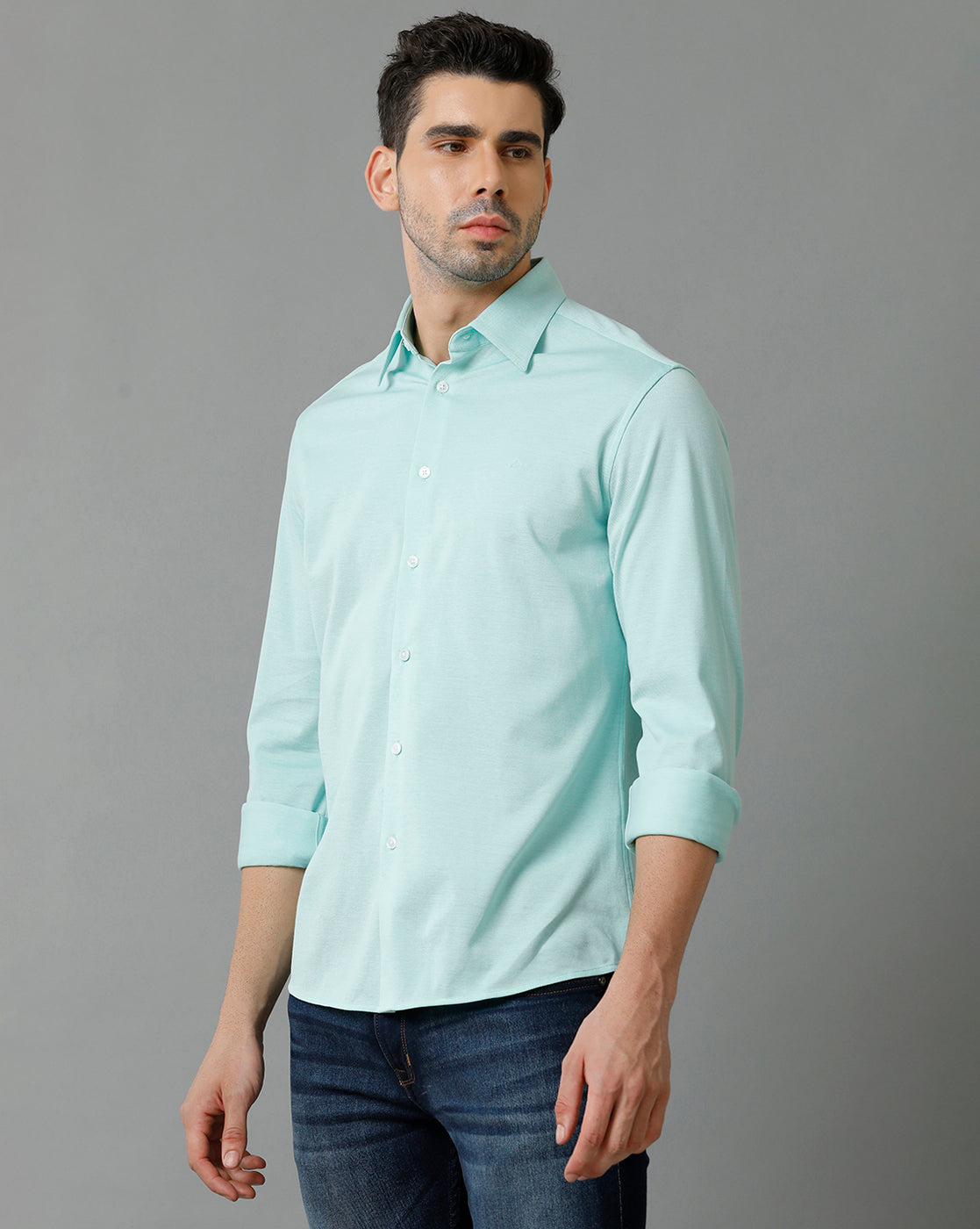 Aldeno Mens Regular Fit Solid Blue Casual Knitted Cotton Shirt (CARNE)